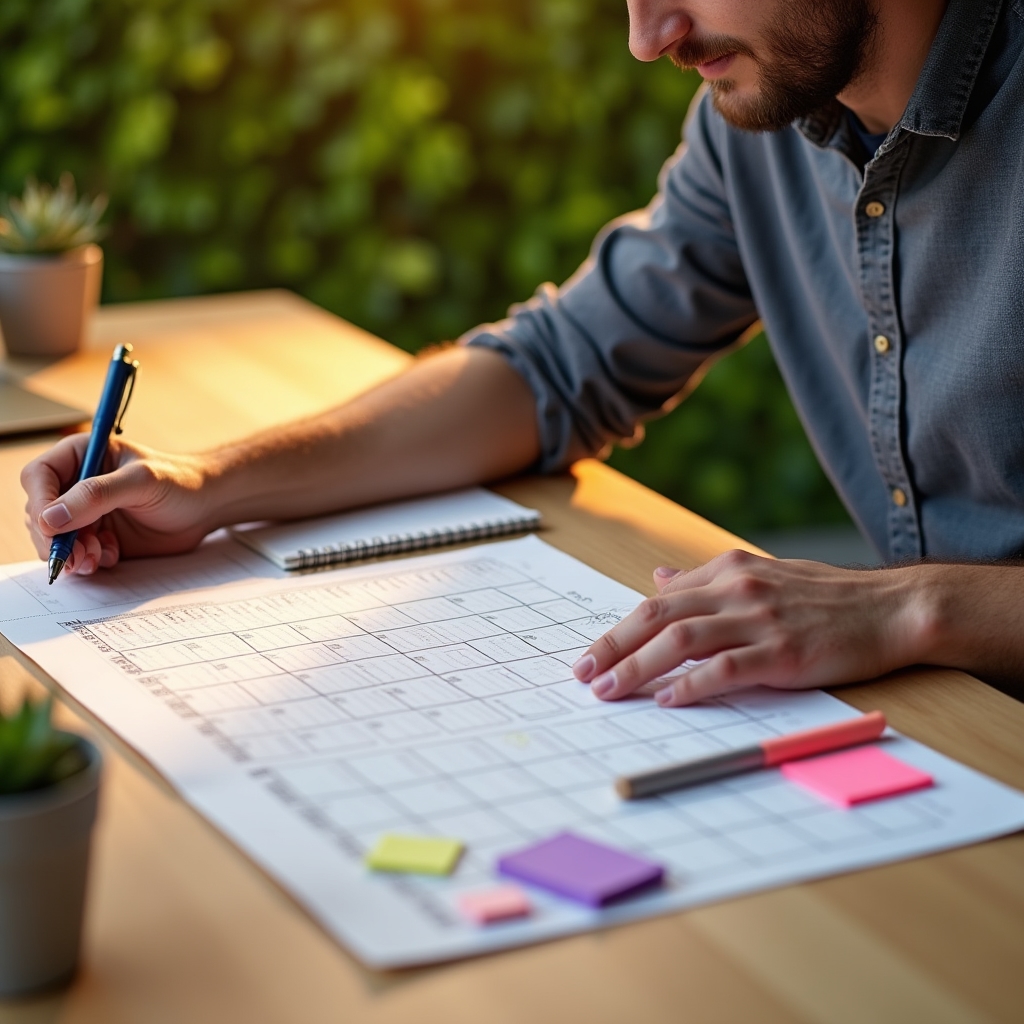 Business owner reviewing cash flow planning documents at a bright desk