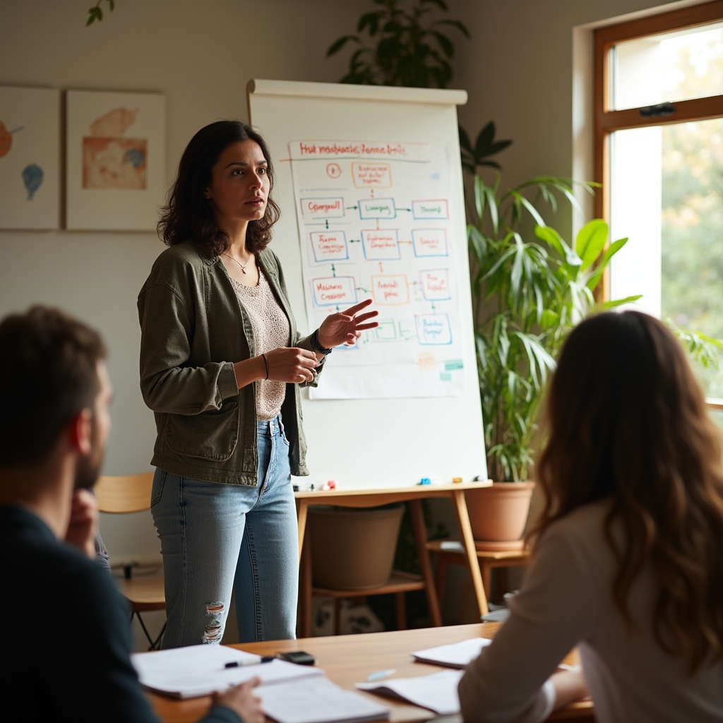 Voditelj radionice objašnjava koncepte novčanog toka na ploči maloj grupi