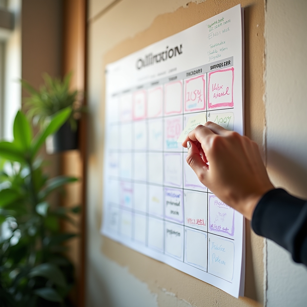 Obrtnik proučava kalendar poreznih obveza i raspored doprinosa iznad radnog stola